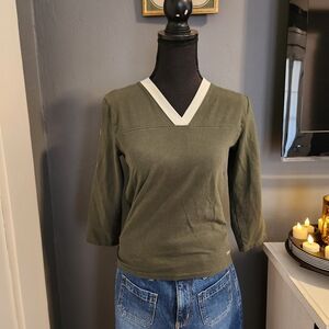 TNA Khaki V-Neck Shirt with White Accents